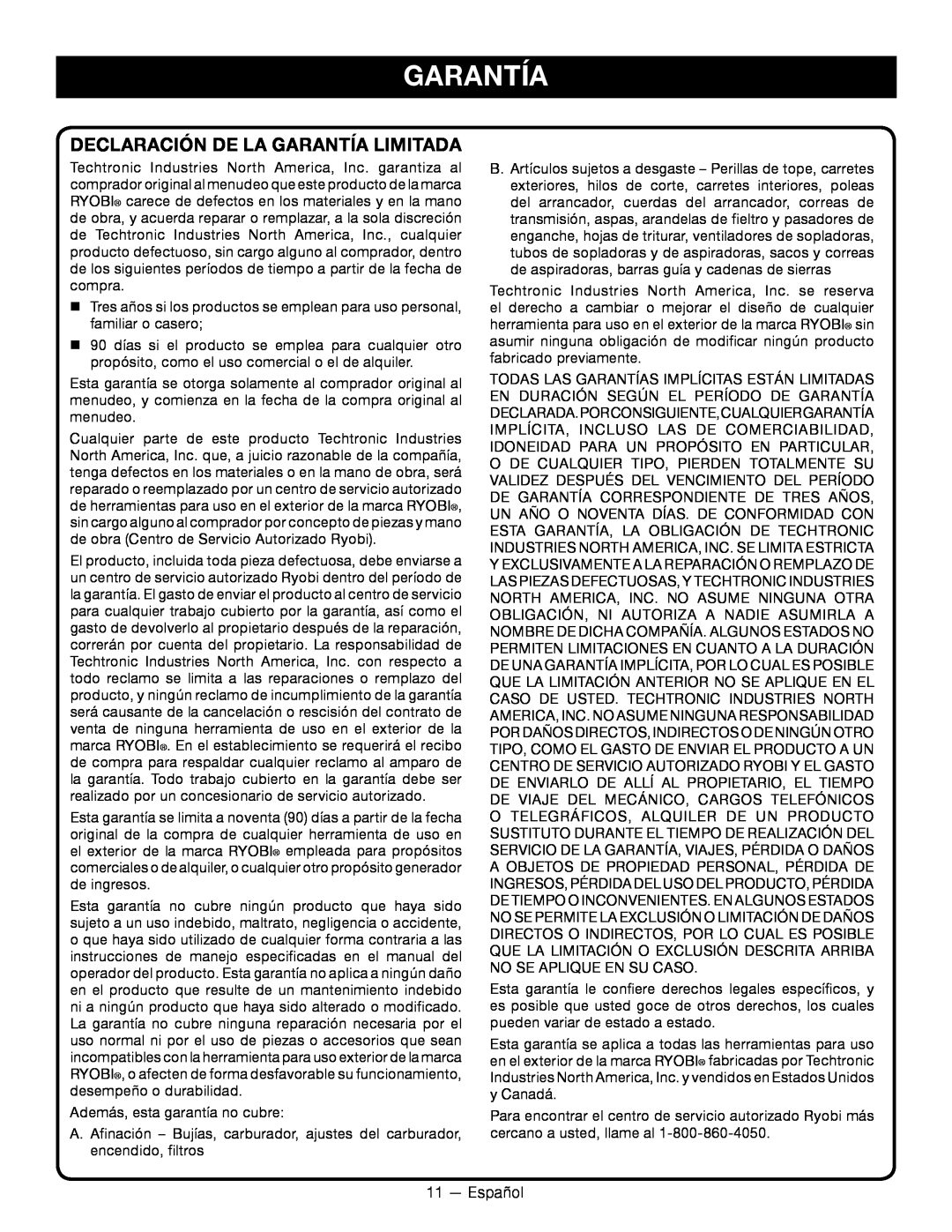 Ryobi RY24200 manuel dutilisation Declaración De La Garantía Limitada 