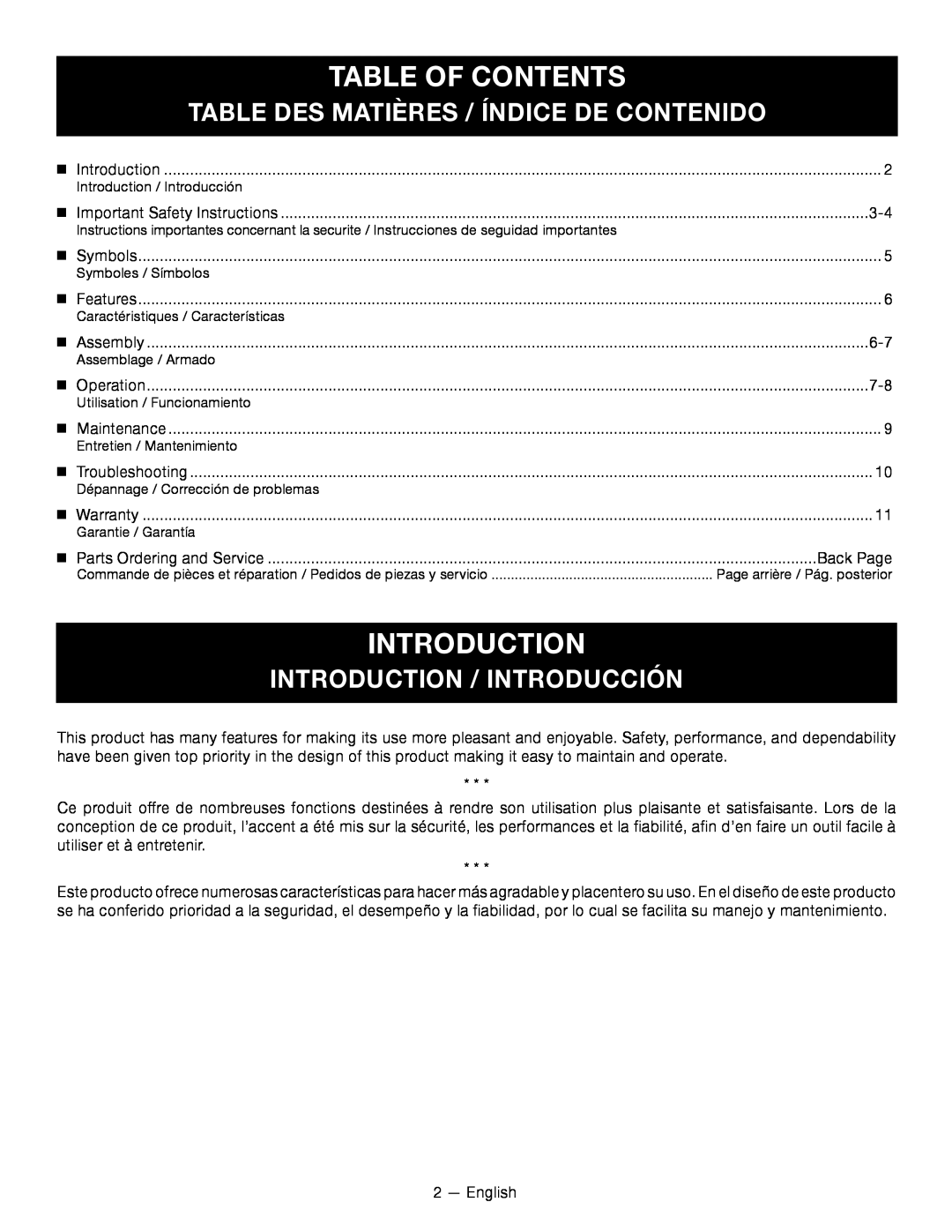 Ryobi RY24200 Table Of Contents, introduction, Table Des Matières / Índice De Contenido, Introduction / Introducción 