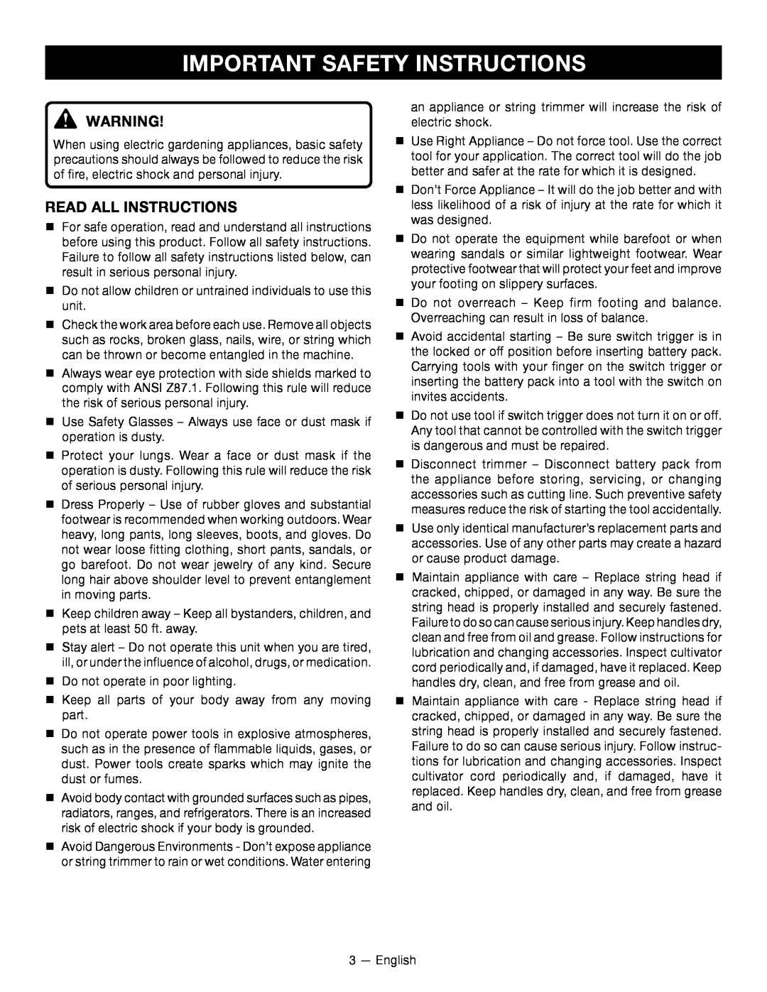 Ryobi RY24200 manuel dutilisation Important Safety Instructions, read all instructions 