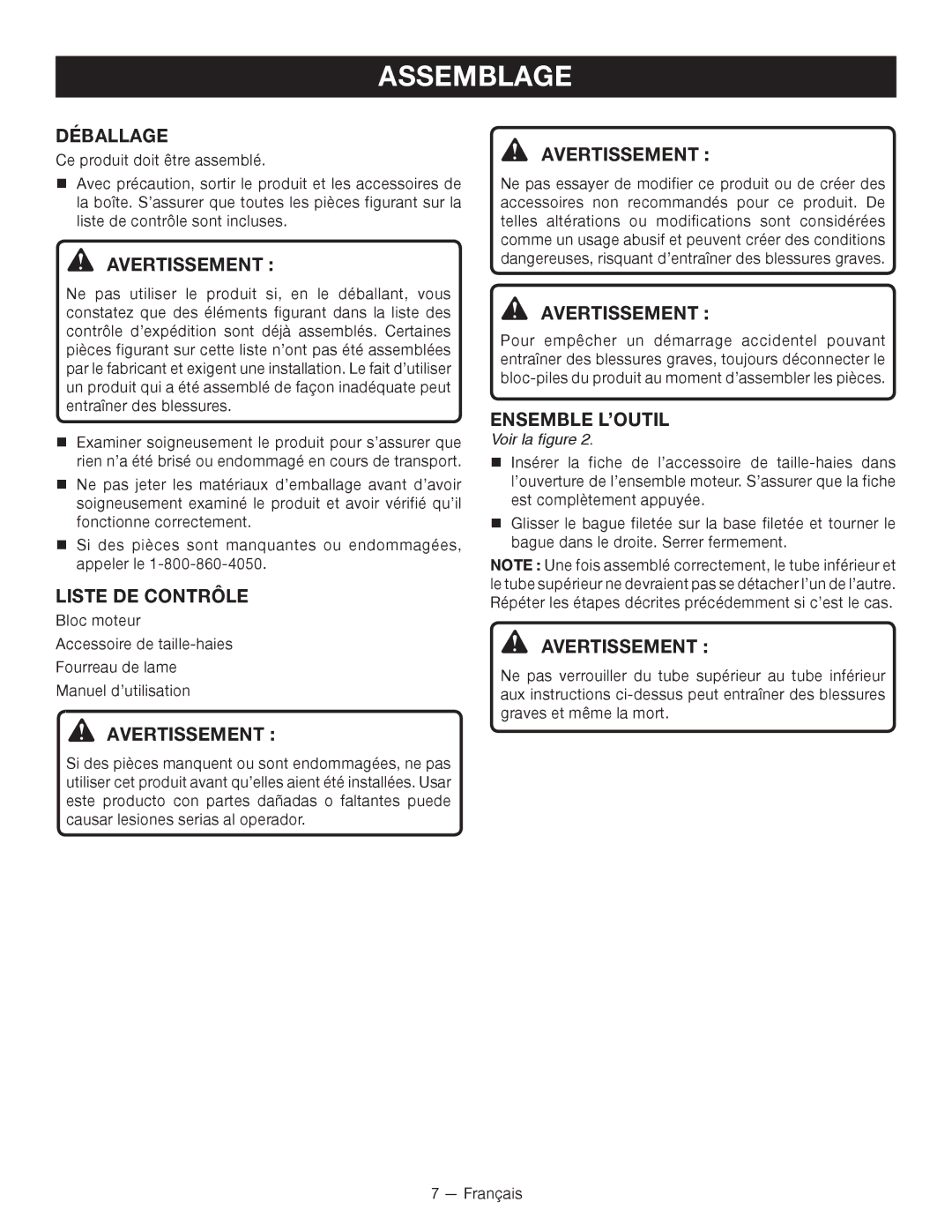 Ryobi RY24600 manuel dutilisation Assemblage, Déballage, Liste DE Contrôle, Ensemble L’OUTIL, Avertissement 