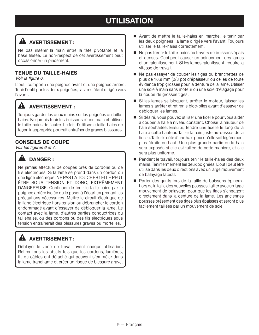 Ryobi RY24600 manuel dutilisation Tenue DU TAILLE-HAIES, Conseils DE Coupe 