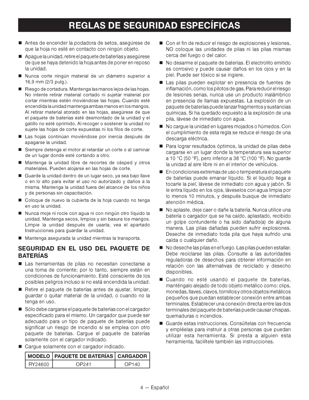 Ryobi RY24600 manuel dutilisation Reglas DE Seguridad Específicas, Seguridad EN EL USO DEL Paquete DE Baterías 