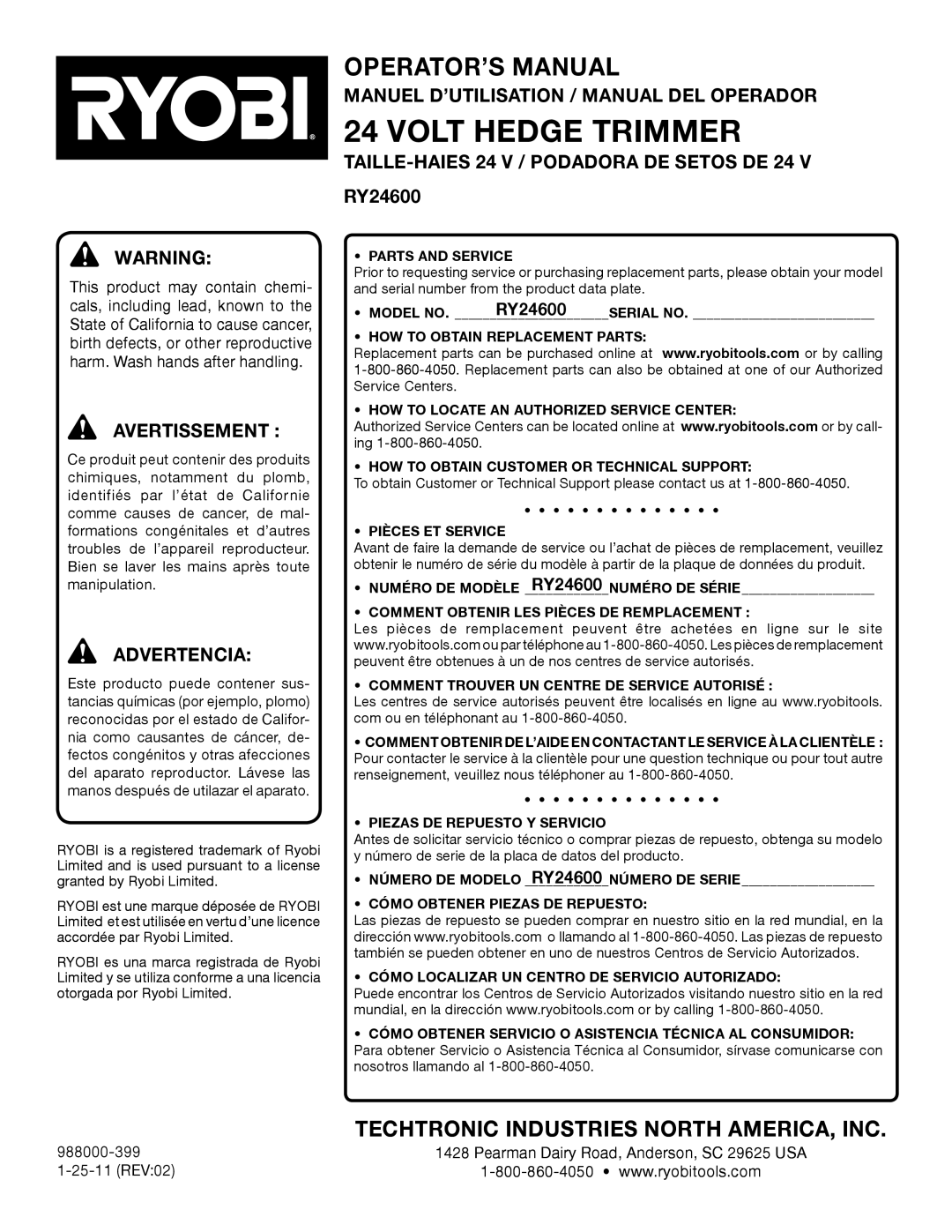 Ryobi Manuel D’UTILISATION / Manual DEL Operador, TAILLE-HAIES 24 V / Podadora DE Setos DE 24 V RY24600 