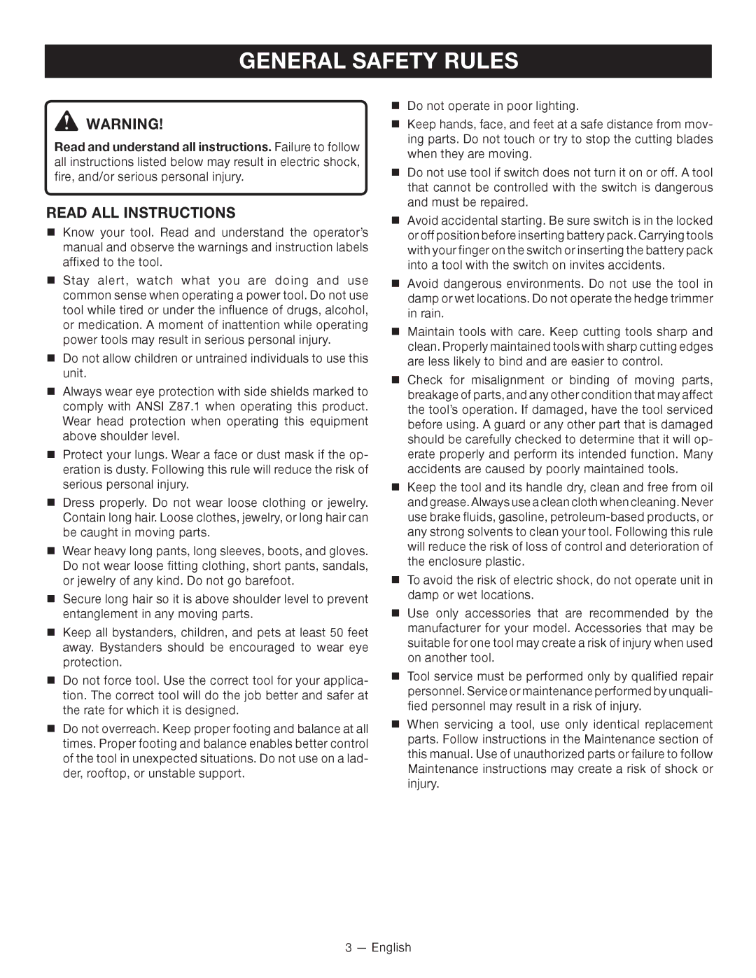 Ryobi RY24600 manuel dutilisation General Safety Rules, Read ALL Instructions 