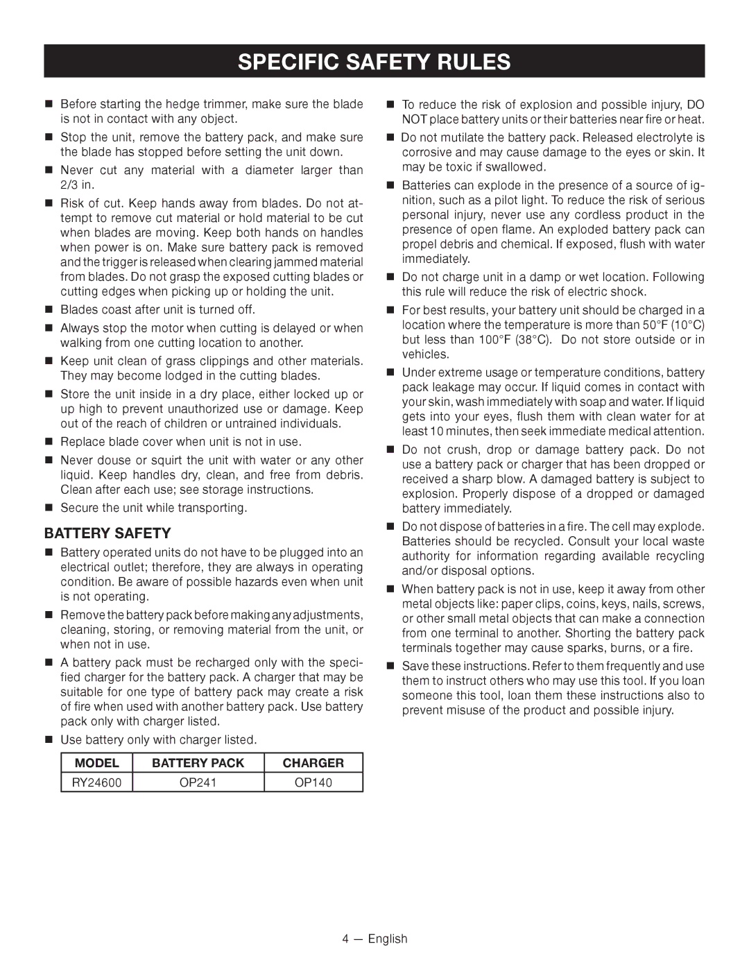 Ryobi RY24600 manuel dutilisation Specific Safety Rules, Battery Safety, Model Battery Pack Charger 