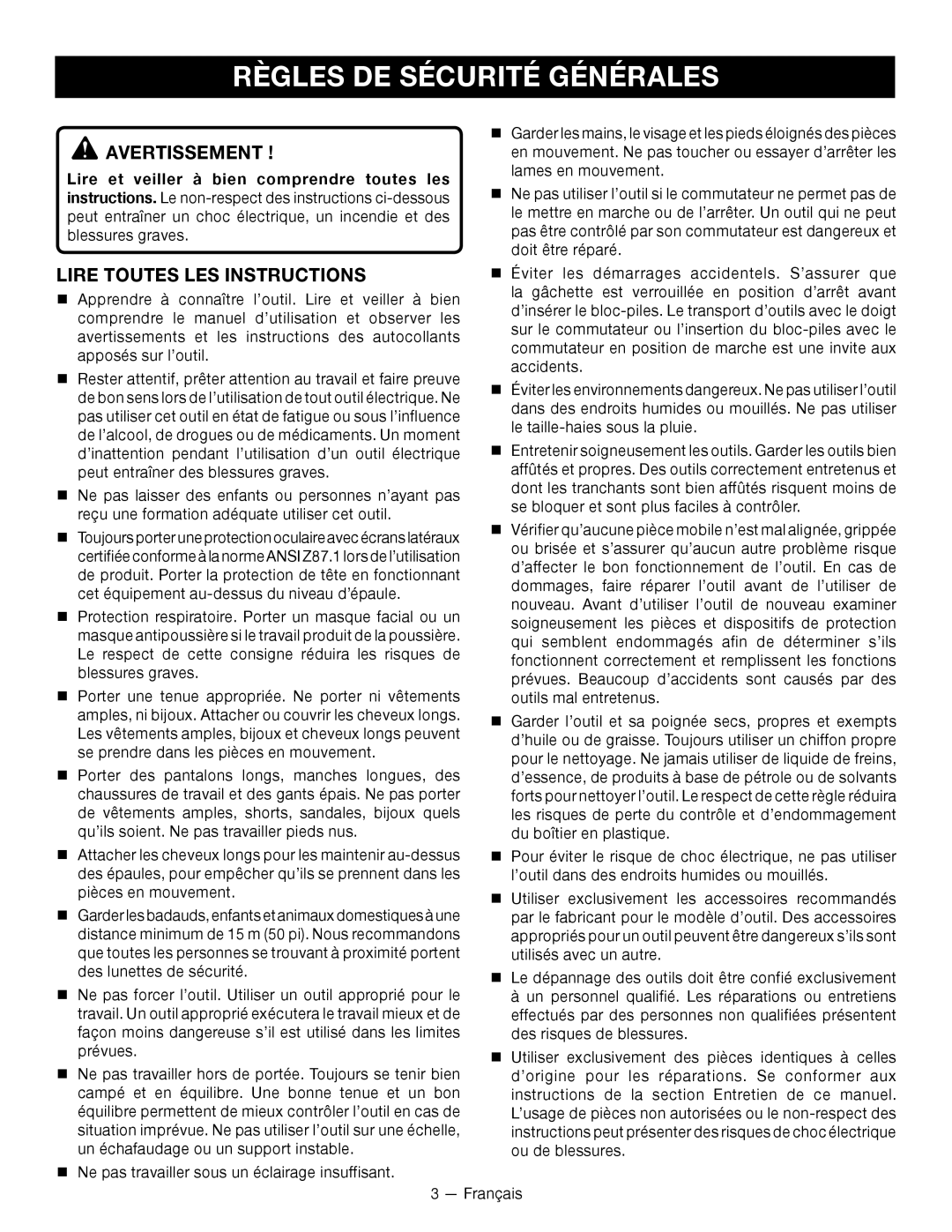 Ryobi RY24600 manuel dutilisation Règles De Sécurité Générales, Avertissement , Lire Toutes Les Instructions 