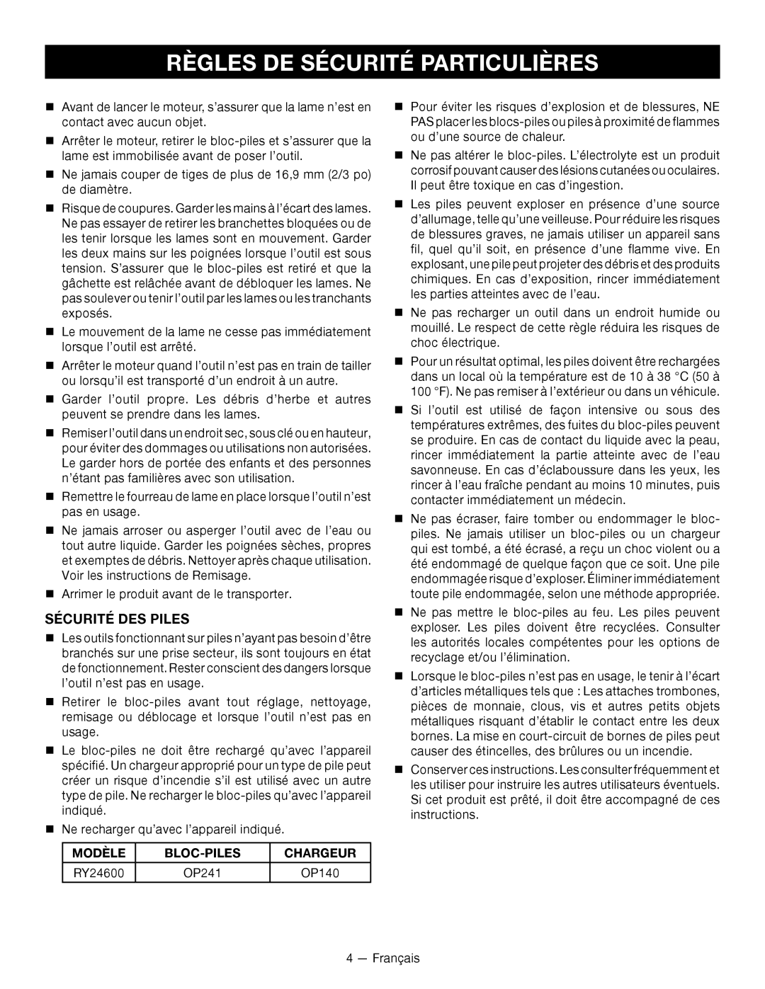 Ryobi RY24600 Règles De Sécurité Particulières, Sécurité Des Piles, Modèle, Bloc-Piles, Chargeur, OP241, OP140 