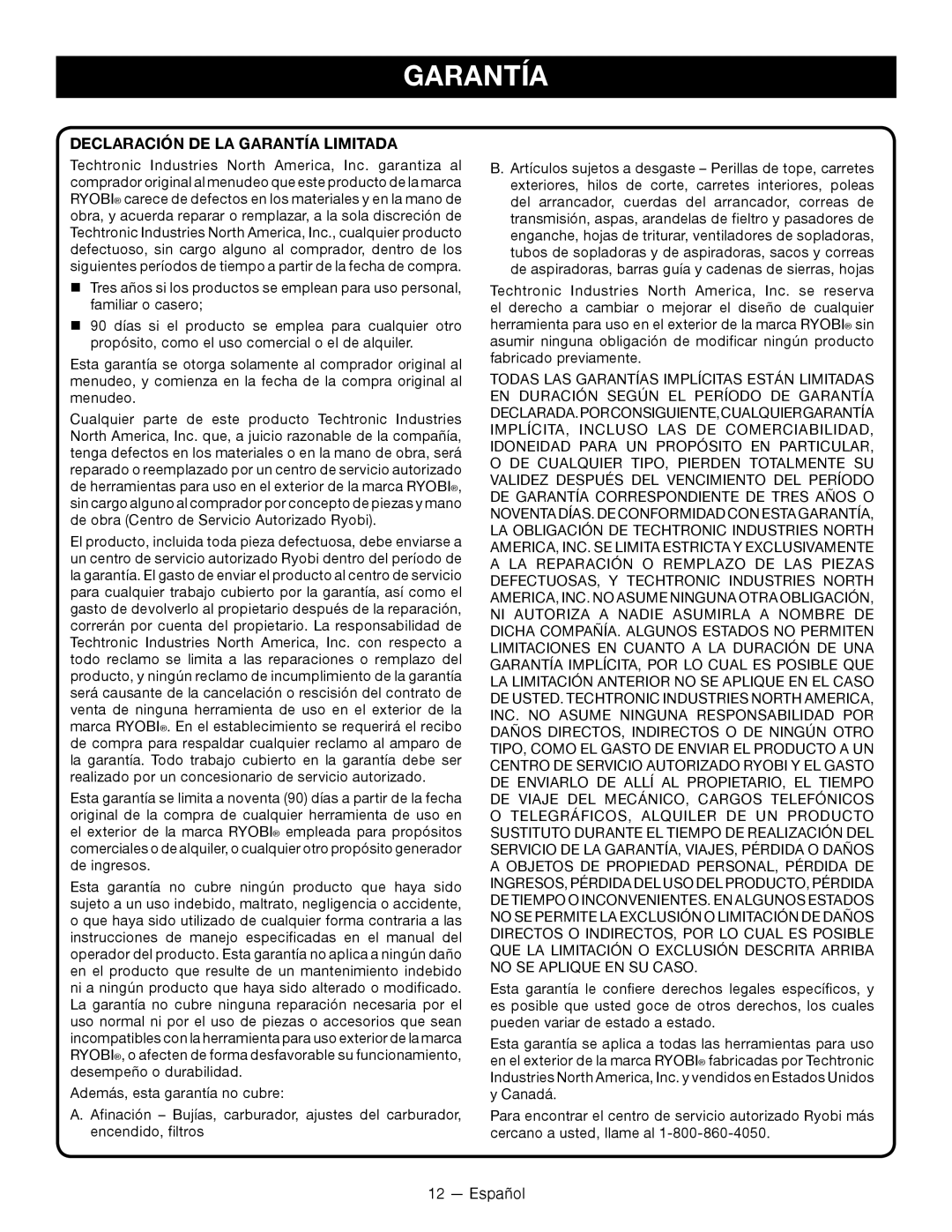 Ryobi RY24600 manuel dutilisation Declaración De La Garantía Limitada 