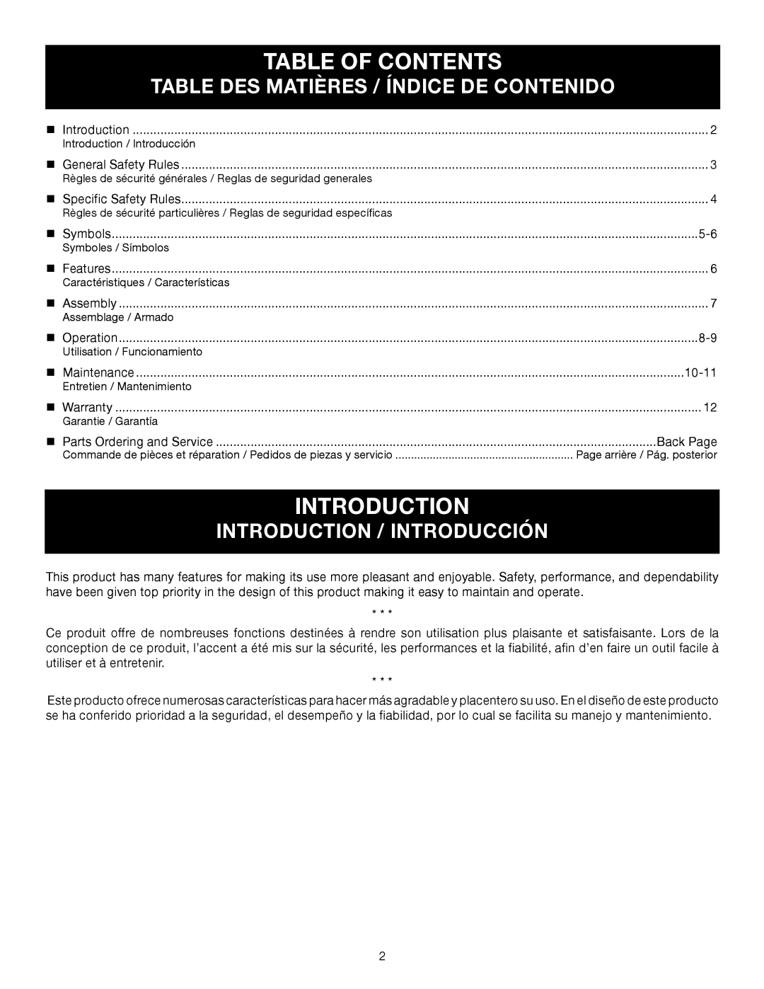 Ryobi RY24600 Table Of Contents, Table Des Matières / Índice De Contenido, Introduction / Introducción 