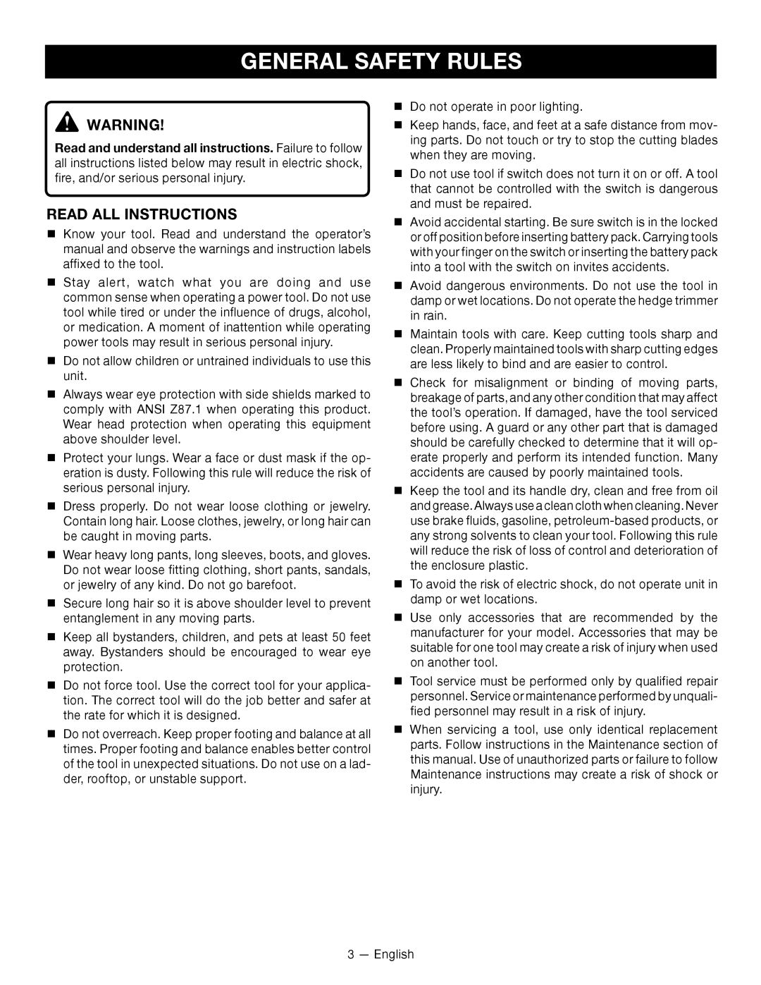 Ryobi RY24600 manuel dutilisation General Safety Rules, Read All Instructions 