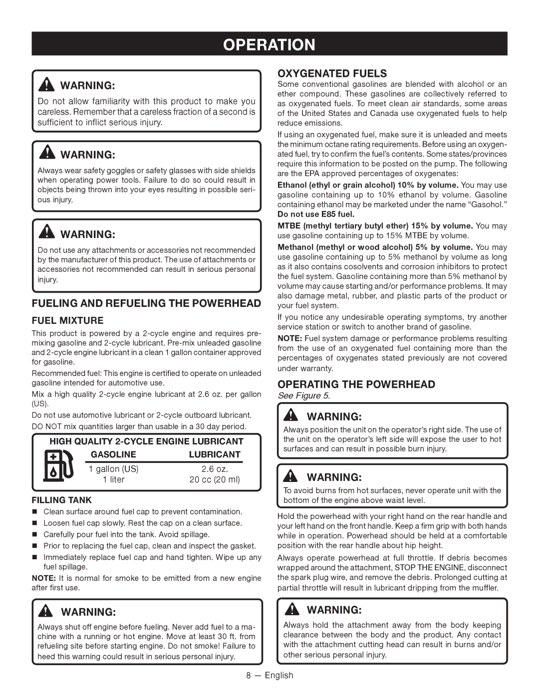 Ryobi RY26000 Operation, Fueling and Refueling the powerhead, Oxygenated Fuels, Operating the powerhead, Filling Tank 