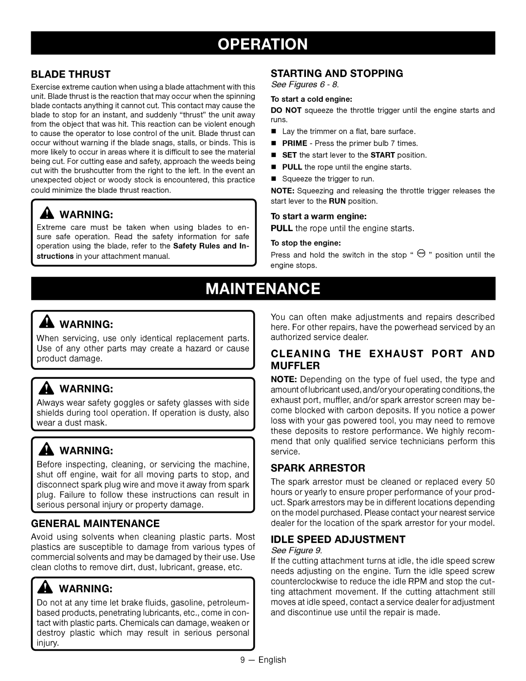 Ryobi RY26000 manuel dutilisation Blade Thrust, Starting and Stopping, General Maintenance 