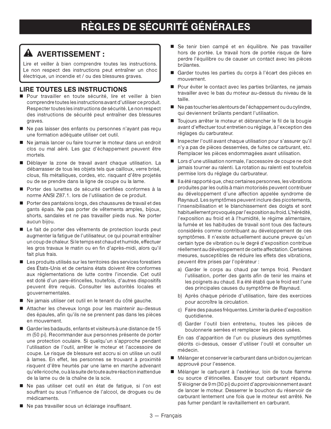 Ryobi RY26000 manuel dutilisation Règles DE Sécurité Générales, Lire Toutes LES Instructions 