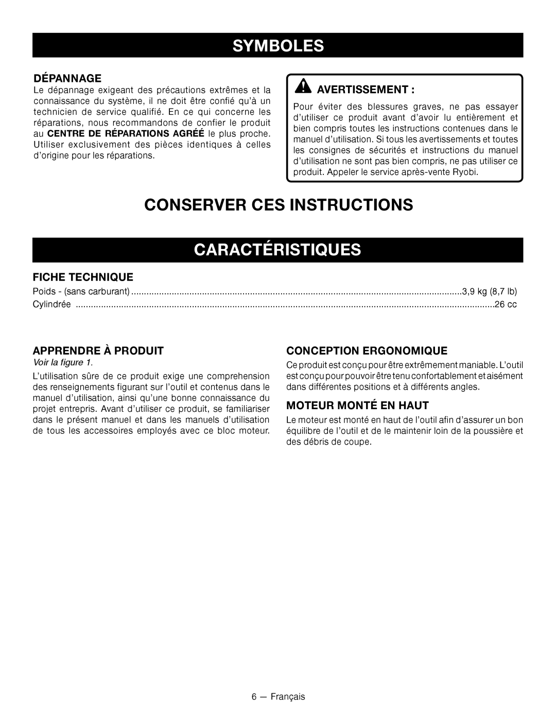 Ryobi RY26000 manuel dutilisation Caractéristiques 