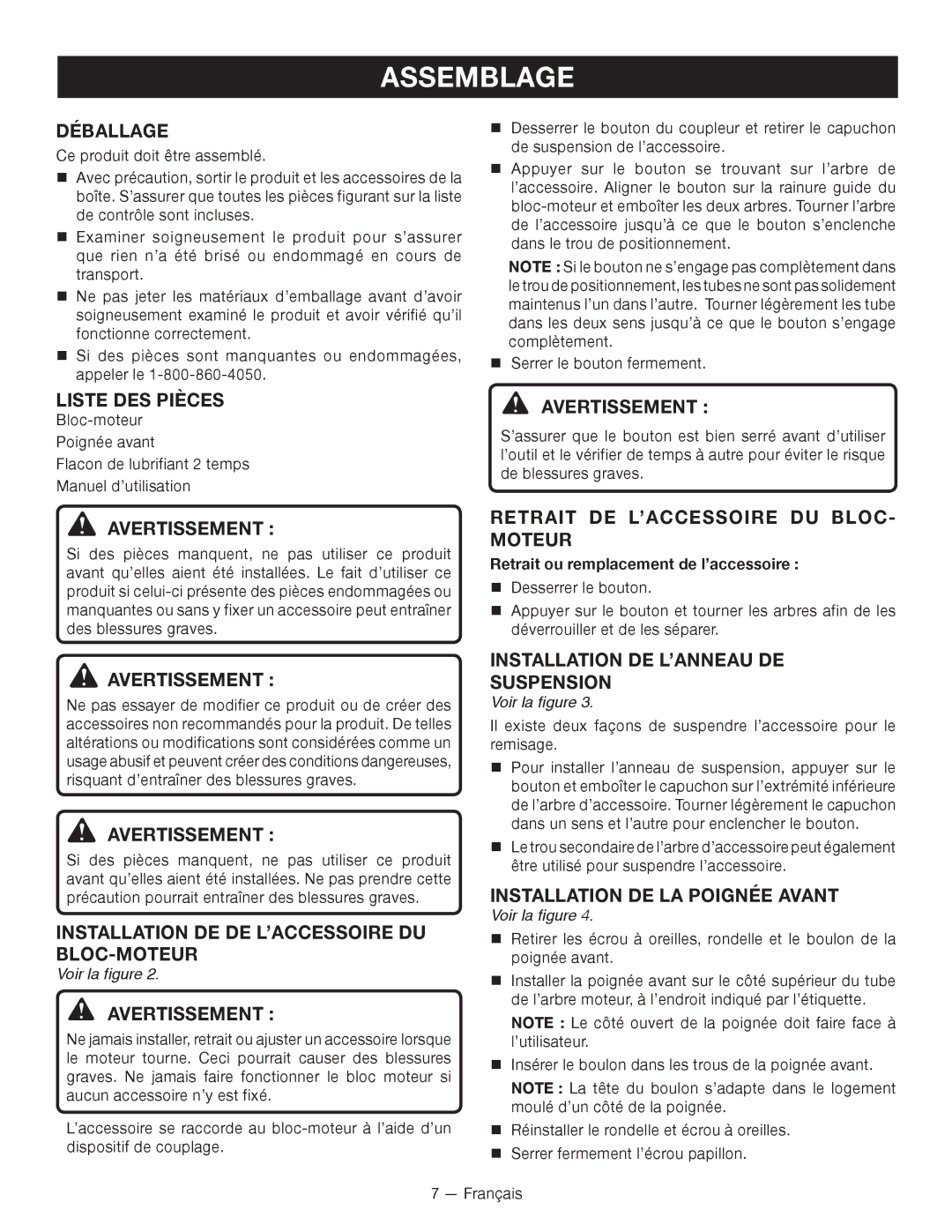 Ryobi RY26000 Déballage, Avertissement, Retrait DE L’ACCESSOIRE DU BLOC- Moteur, Installation DE L’ANNEAU DE Suspension 