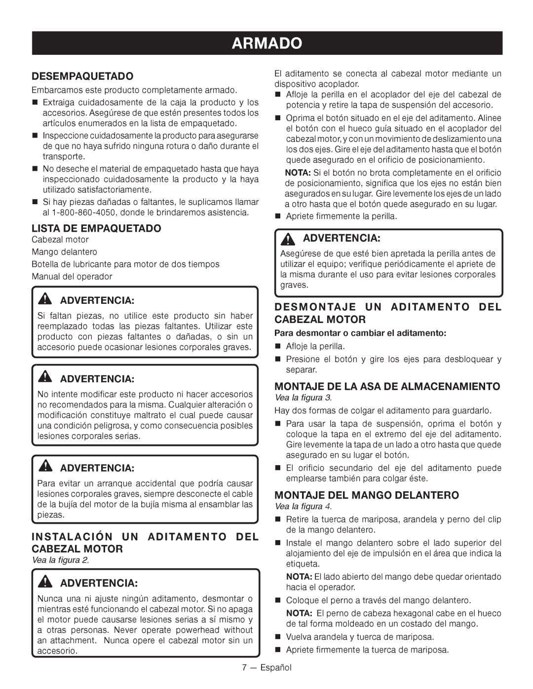 Ryobi RY26000 Armado, Desempaquetado, Cabezal Motor, Montaje DE LA ASA DE ALMACENAMIENTO, Montaje DEL Mango Delantero 