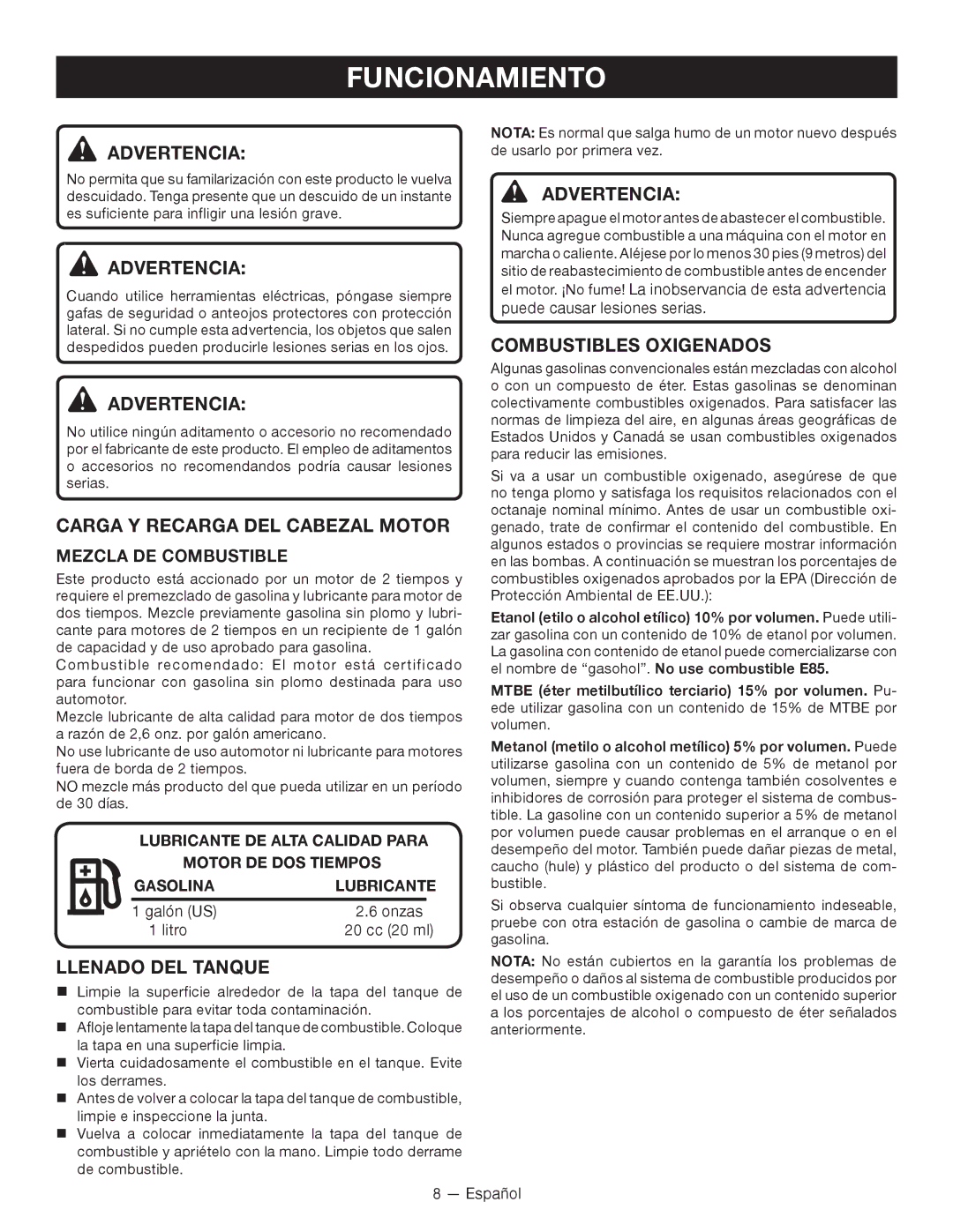 Ryobi RY26000 Funcionamiento, Carga Y Recarga del cabezal motor, Llenado DEL Tanque, Combustibles Oxigenados 