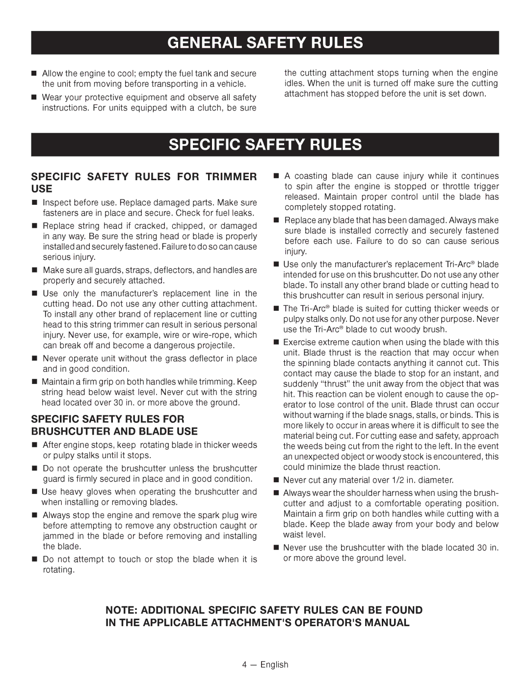 Ryobi RY26000 manuel dutilisation Specific Safety Rules, Specific safety rules for trimmer use 