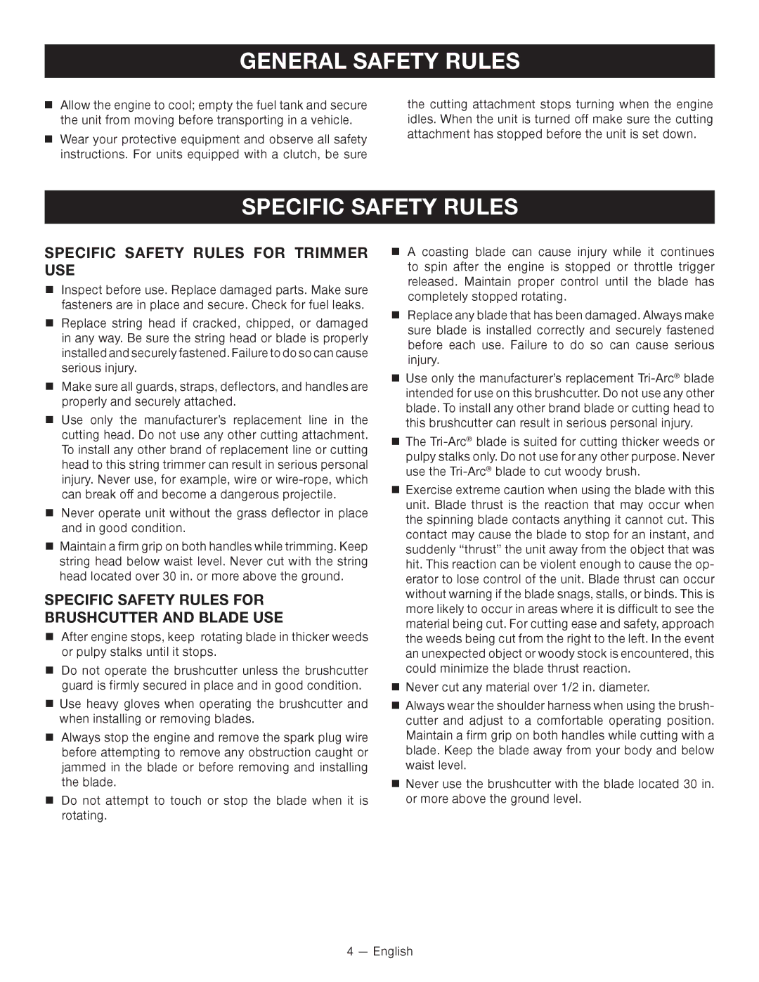 Ryobi CS26, RY26901, RY26500 manuel dutilisation Specific Safety Rules, Specific safety rules for trimmer use 