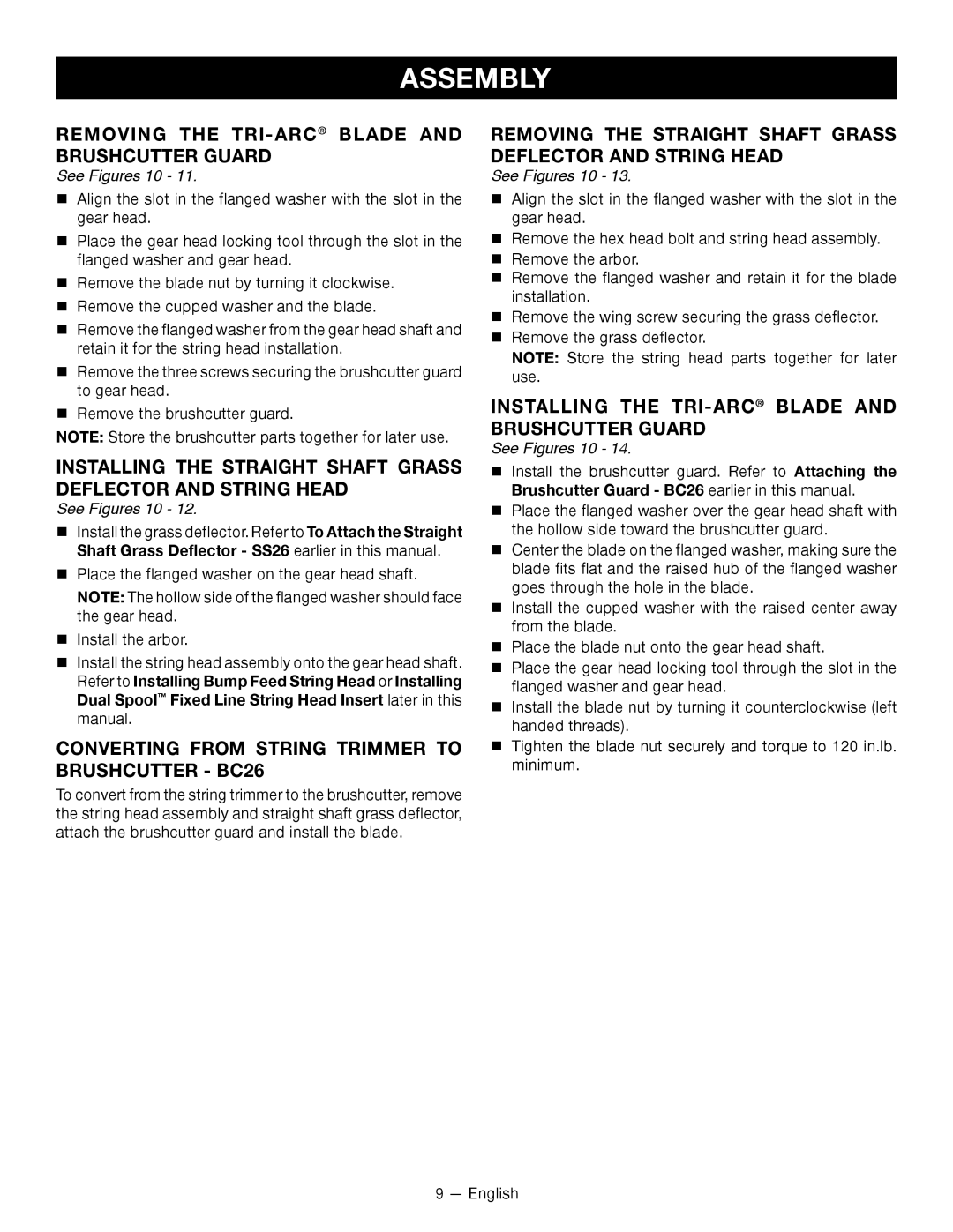 Ryobi RY26901, CS26 Removing the Tri-Arcblade and brushcutter guard, Converting from String Trimmer to Brushcutter BC26 