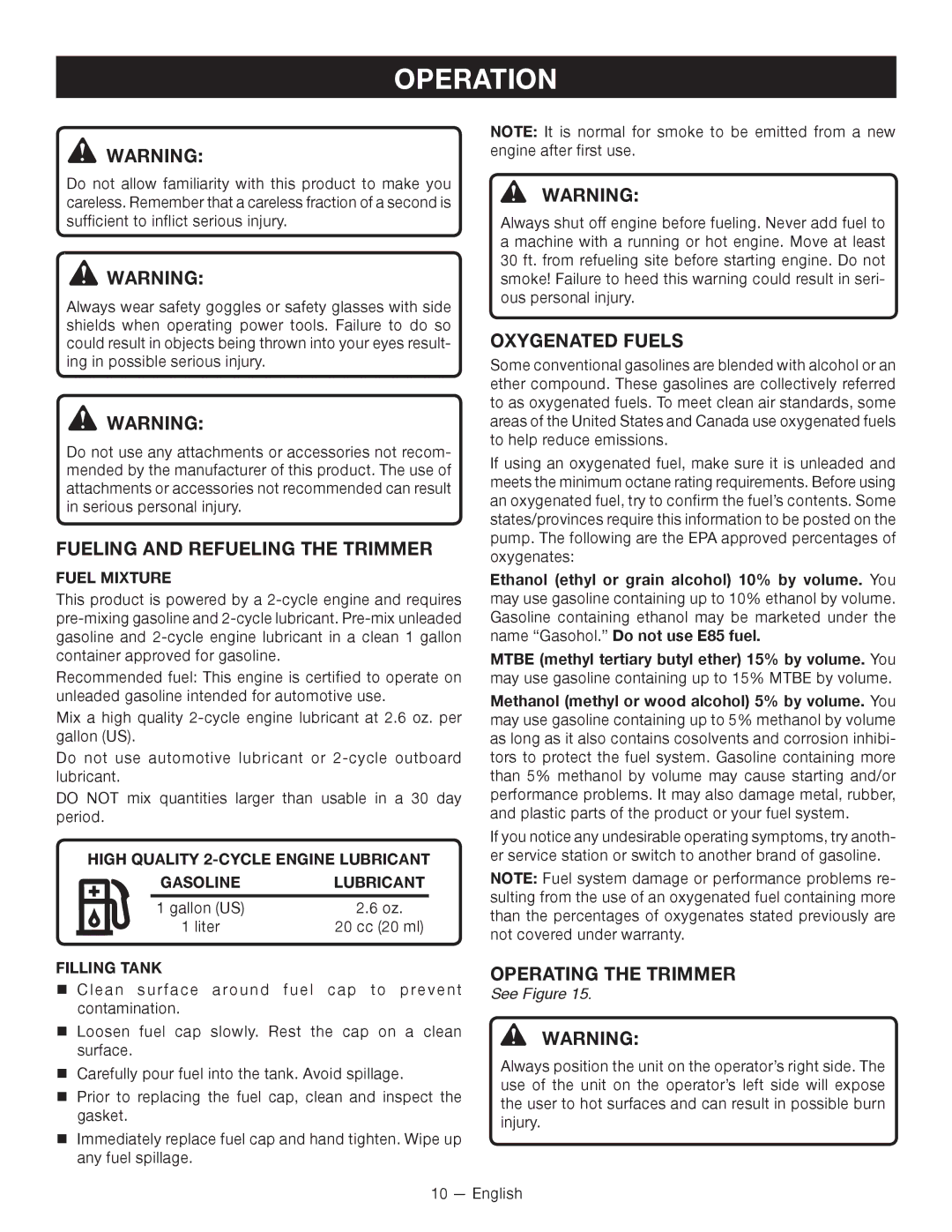 Ryobi CS26, RY26901, RY26500 Operation, Fueling and Refueling the trimmer, Oxygenated Fuels, Operating the Trimmer 