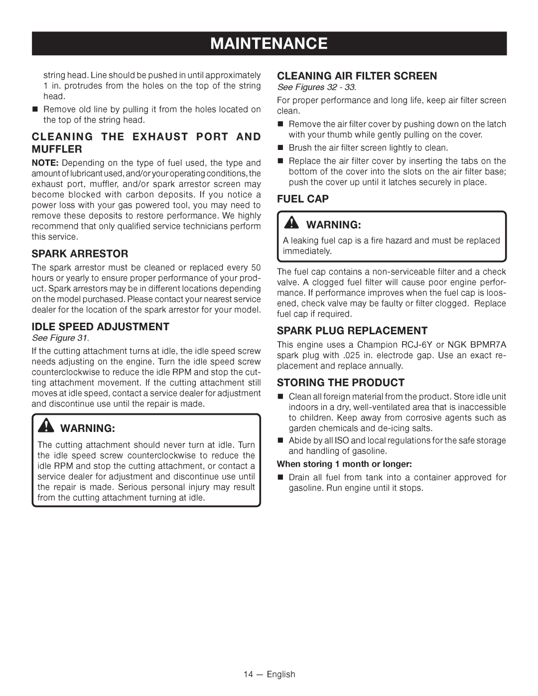 Ryobi RY26500, RY26901, CS26 Cleaning the Exhaust Port and Muffler Spark Arrestor, Fuel CAP, Storing the Product 