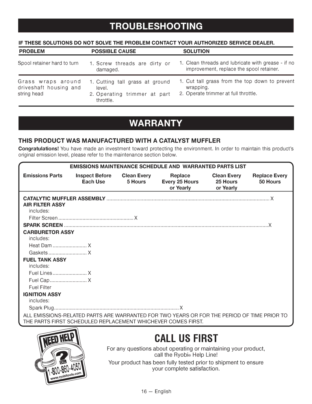 Ryobi CS26, RY26901, RY26500 manuel dutilisation Warranty, This product was manufactured with a catalyst muffler 