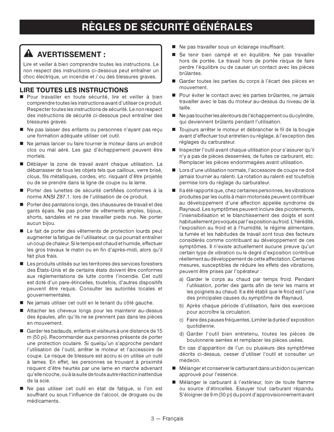 Ryobi CS26, RY26901, RY26500 manuel dutilisation Règles DE Sécurité Générales, Lire Toutes LES Instructions 