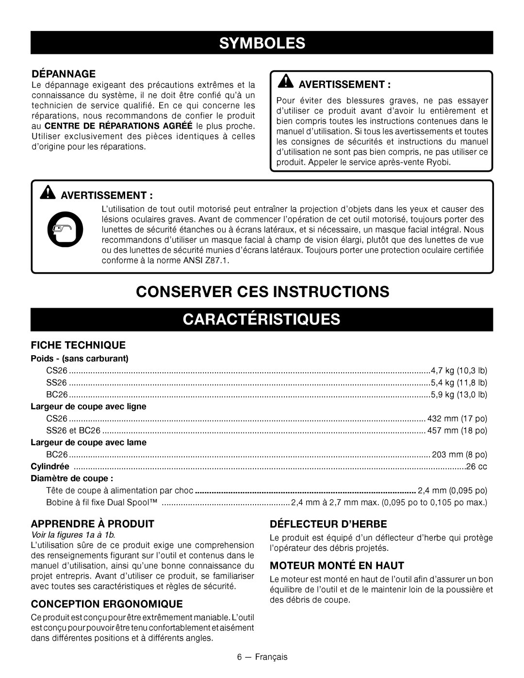 Ryobi CS26, RY26901, RY26500 manuel dutilisation Caractéristiques 