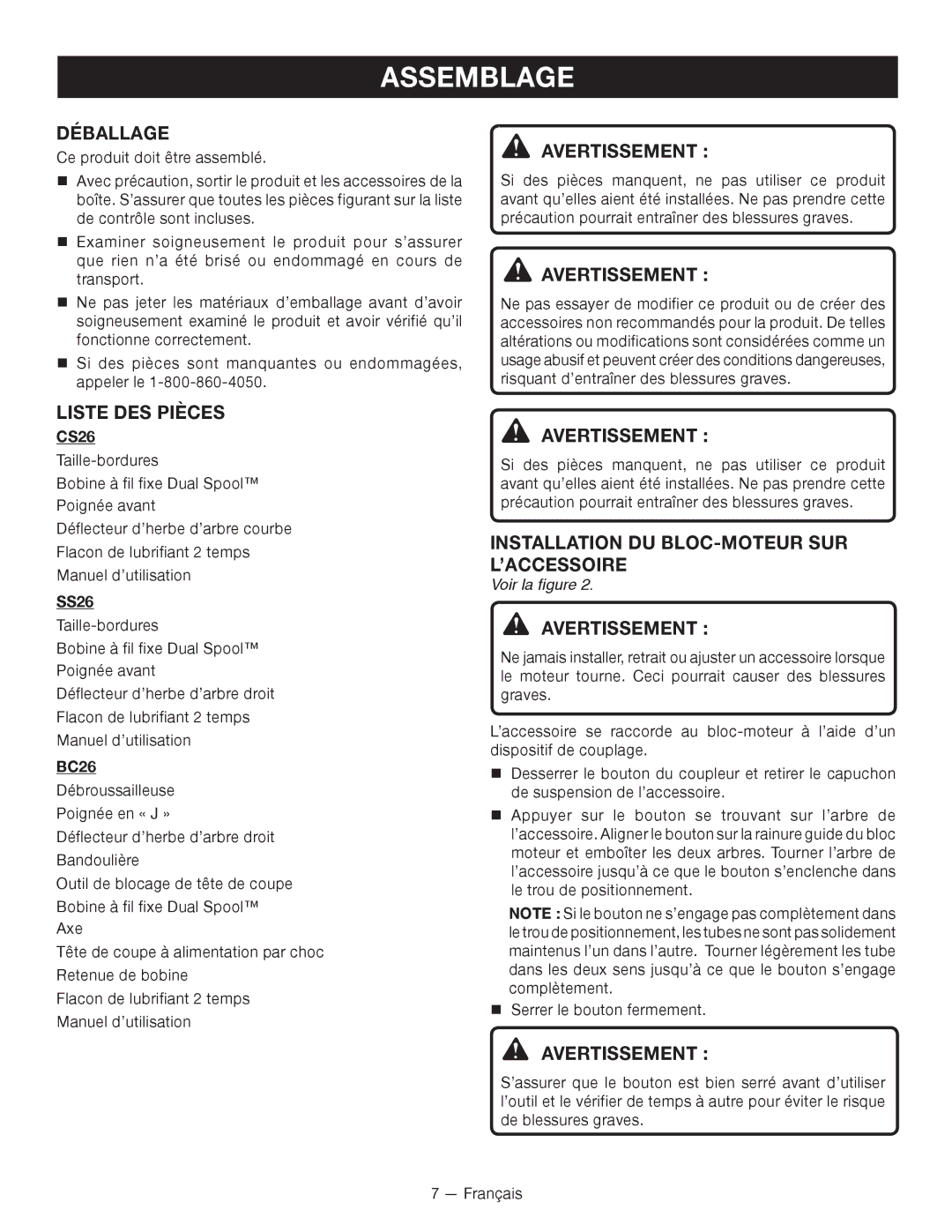 Ryobi RY26500 Déballage, Liste des pièces, Installation DU BLOC-MOTEUR SUR L’ACCESSOIRE, Avertissement, Voir la figure 