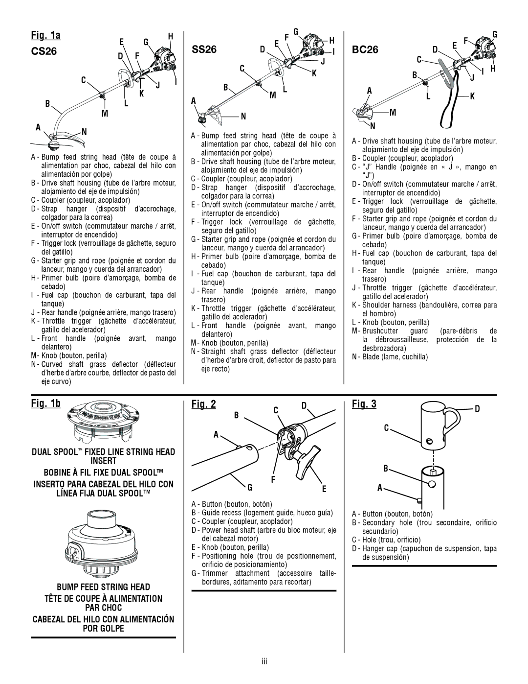 Ryobi RY26901, RY26500 manuel dutilisation CS26, SS26, BC26, Bobine À FIL Fixe Dual Spooltm, Línea Fija Dual Spool 