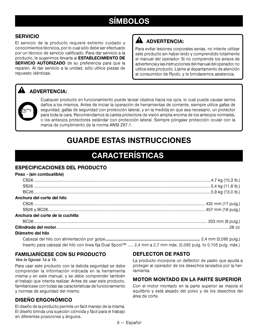 Ryobi RY26500, RY26901, CS26 manuel dutilisation Características 