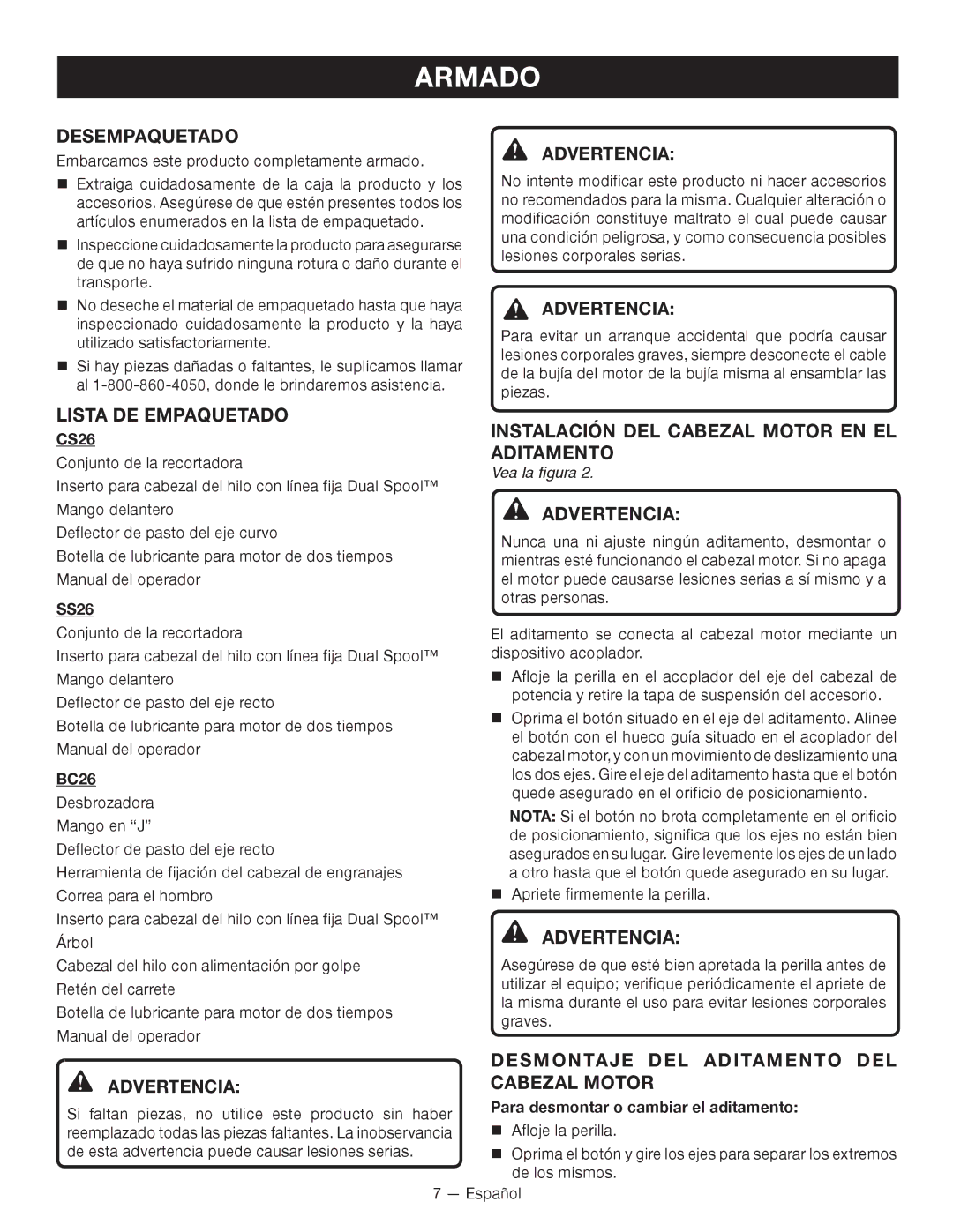 Ryobi RY26901, CS26, RY26500 Armado, Desempaquetado, Lista de empaquetado, Instalación DEL Cabezal Motor EN EL Aditamento 