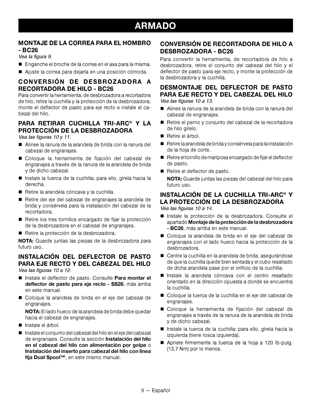 Ryobi RY26500, RY26901 Montaje de la correa para el hombro BC26, Conversión de desbrozadora a recortadora de hilo BC26 