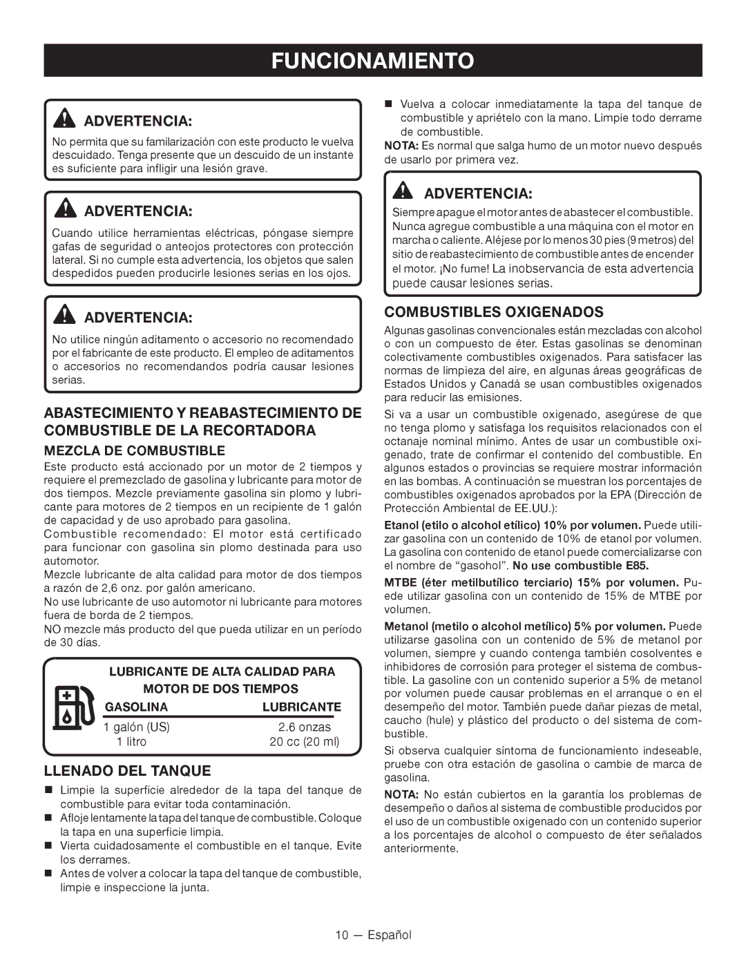 Ryobi RY26901, CS26, RY26500 manuel dutilisation Funcionamiento, Llenado DEL Tanque, Combustibles Oxigenados 