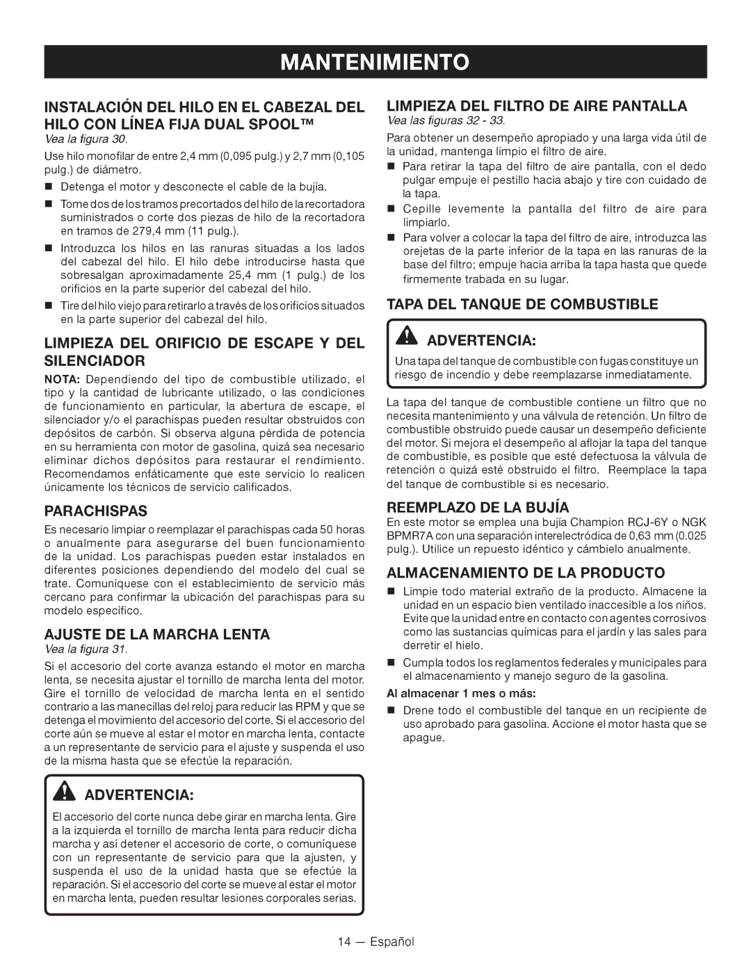 Ryobi CS26 Limpieza DEL Orificio DE Escape Y DEL Silenciador, Parachispas, Tapa DEL Tanque DE Combustible Advertencia 