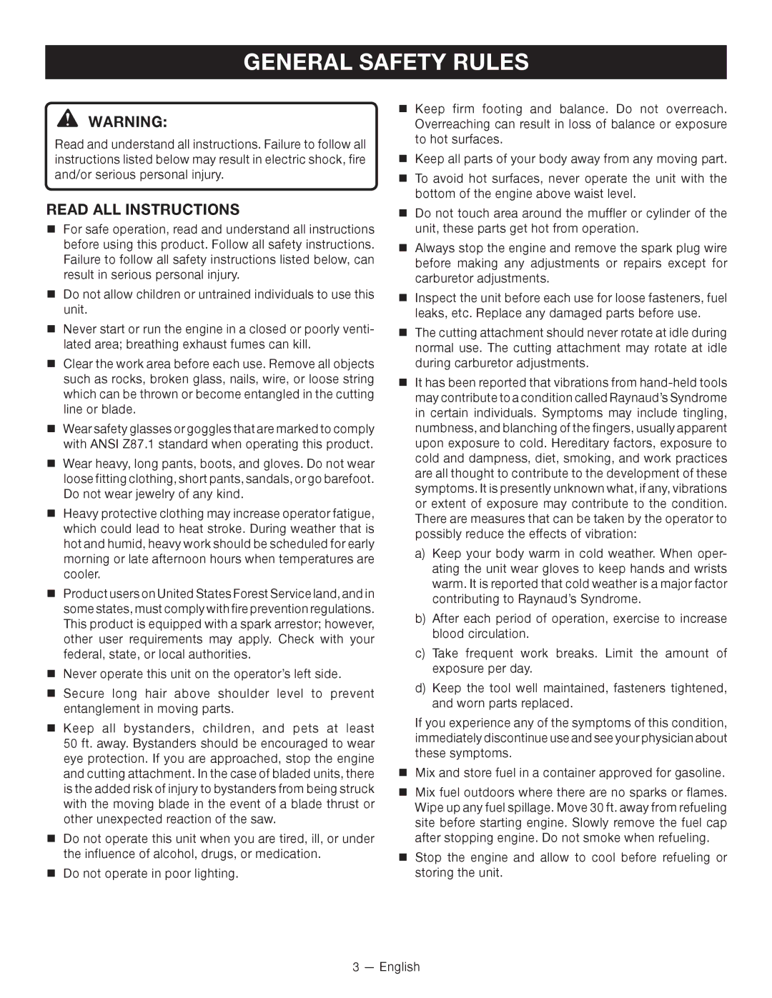 Ryobi RY26901, CS26, RY26500 manuel dutilisation General Safety Rules, Read all instructions 