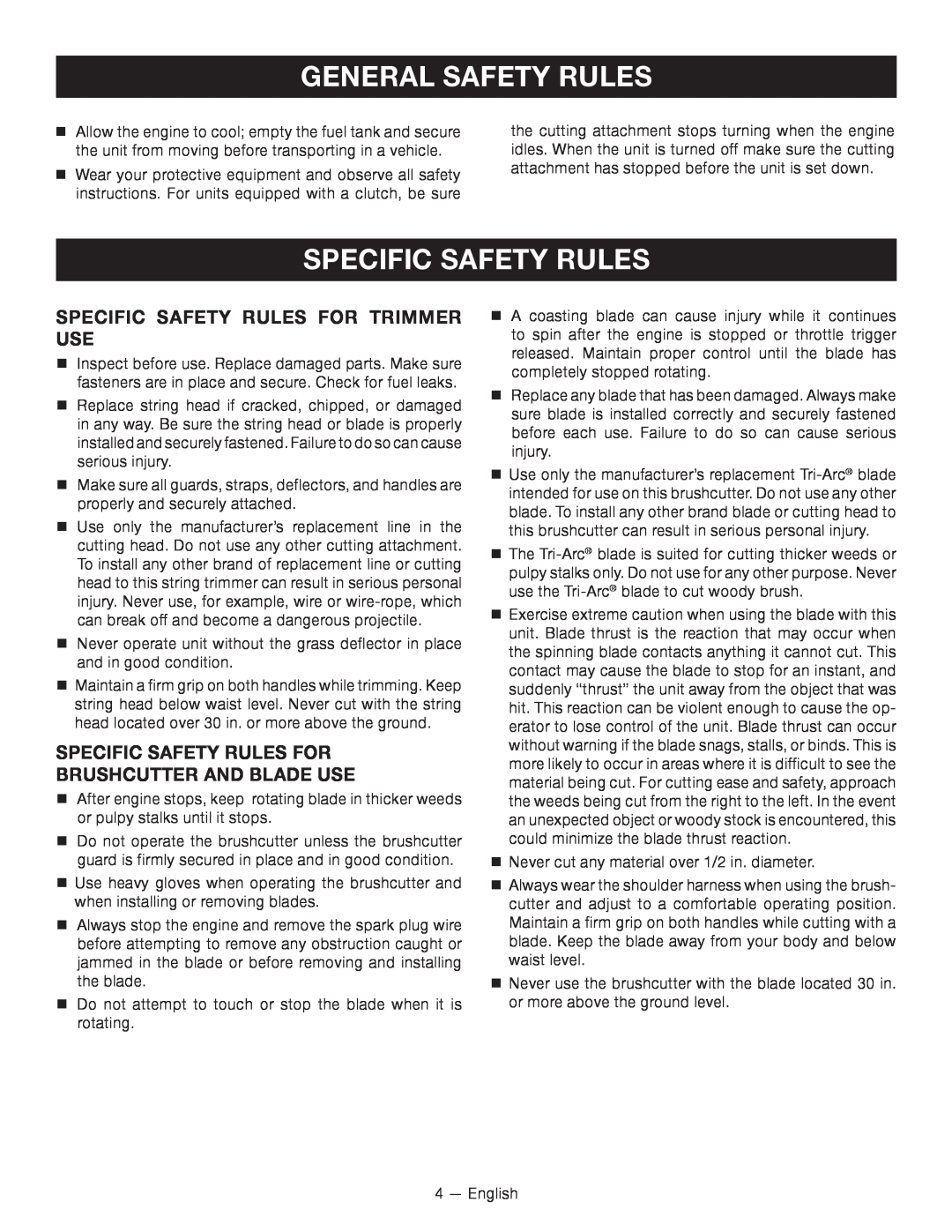 Ryobi CS26, RY26901, RY26500 Specific Safety Rules, specific safety rules for trimmer use, General Safety Rules 