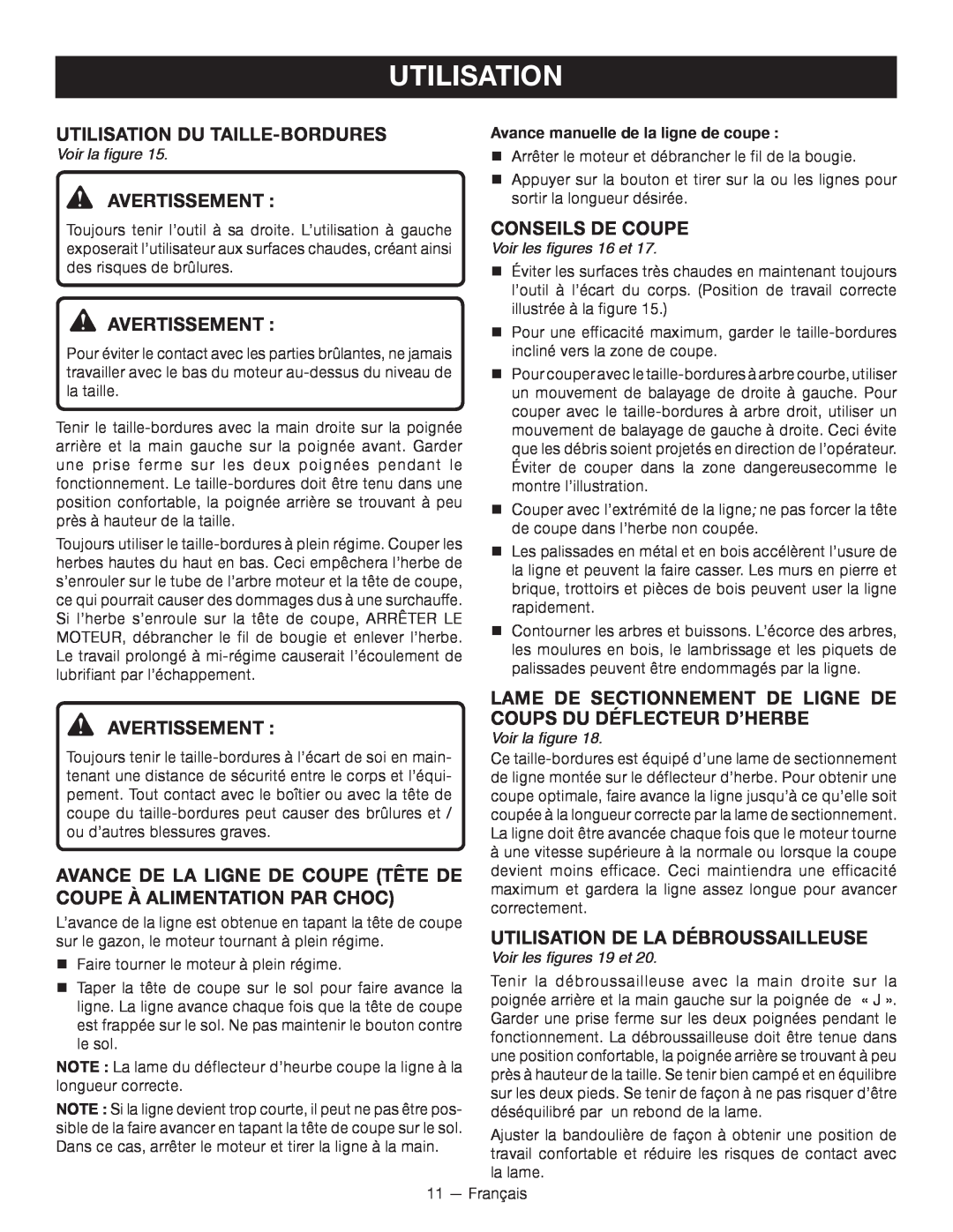 Ryobi RY26901 Utilisation Du Taille-Bordures, Conseils De Coupe, Lame De Sectionnement De Ligne De, Voir les figures 16 et 