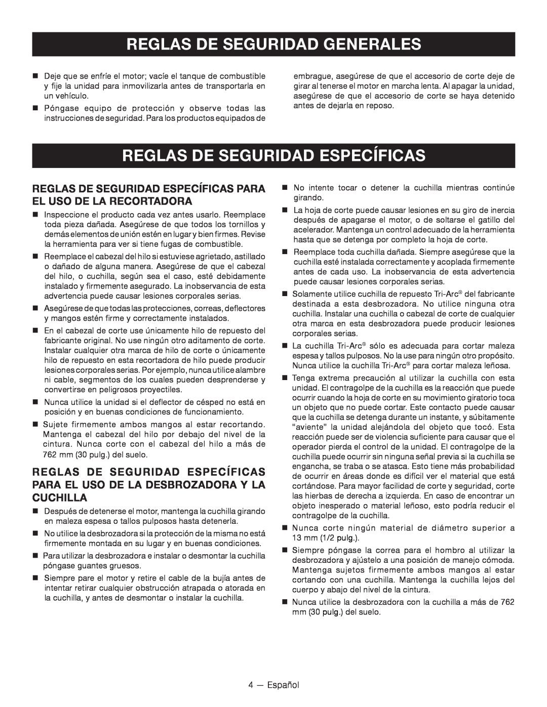 Ryobi RY26901 Reglas De Seguridad Específicas, Reglas de seguridad específicas para el uso de la recortadora, Español 