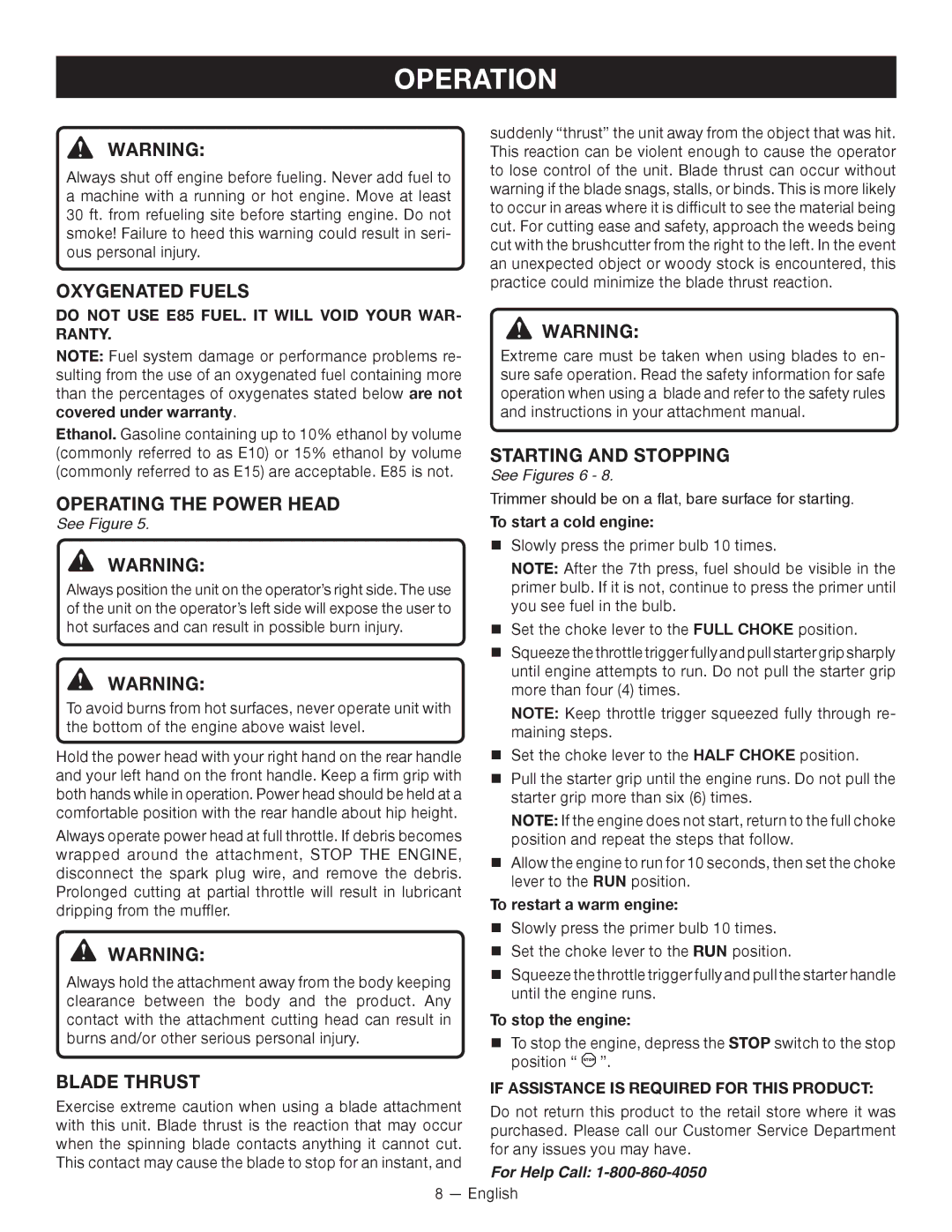 Ryobi RY28000 Oxygenated Fuels, Operating the Power Head, Starting and Stopping, Blade Thrust, See Figures 6 