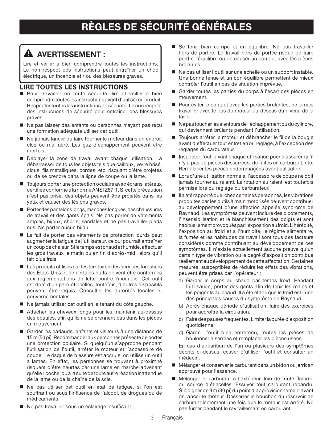 Ryobi RY28000 manuel dutilisation Règles DE Sécurité Générales, Lire Toutes LES Instructions 