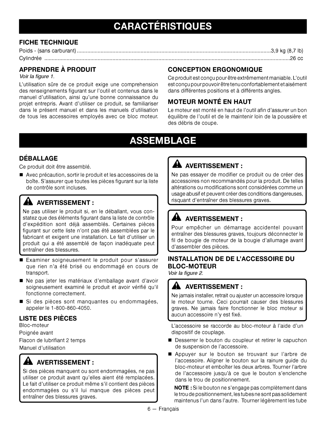 Ryobi RY28000 manuel dutilisation Caractéristiques, Assemblage 