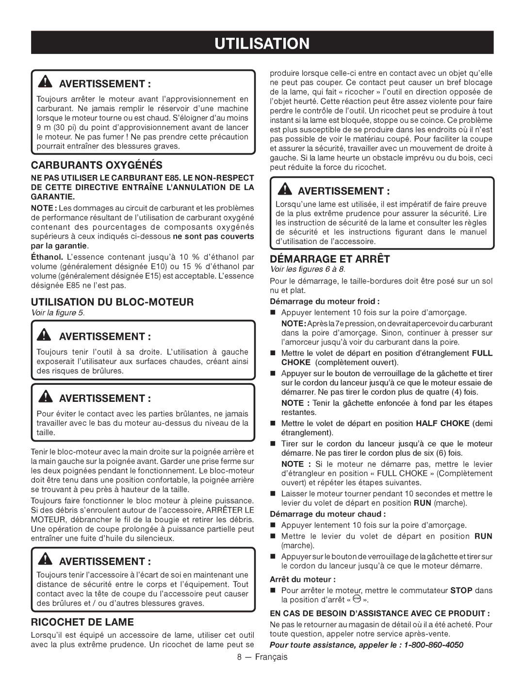 Ryobi RY28000 manuel dutilisation Carburants Oxygénés, Utilisation DU BLOC-MOTEUR, Ricochet DE Lame, Démarrage ET Arrêt 