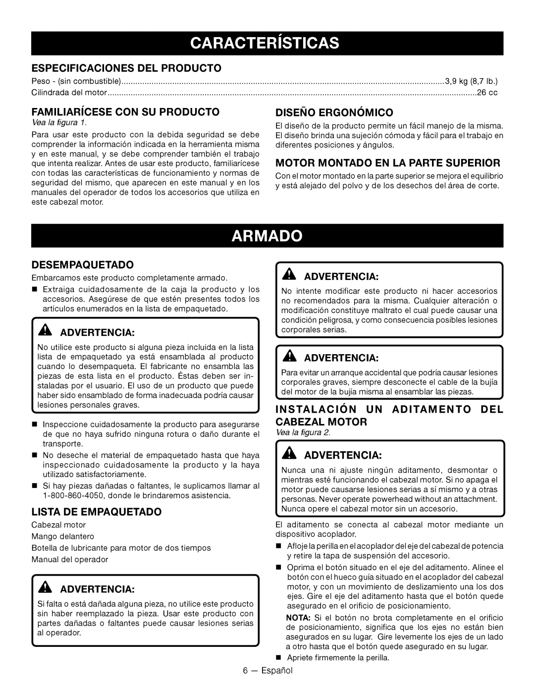 Ryobi RY28000 manuel dutilisation Características, Armado 