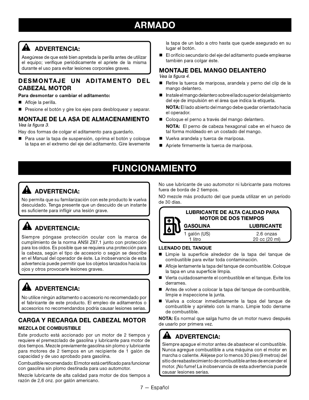 Ryobi RY28000 Funcionamiento, Desmontaje UN Aditamento DEL Cabezal Motor, Montaje DE LA ASA DE ALMACENAMIENTO 