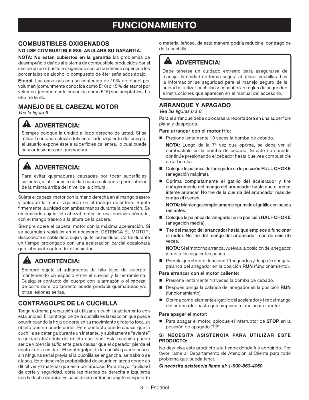 Ryobi RY28000 Combustibles Oxigenados, Manejo DE EL Cabezal Motor, Contragolpe DE LA Cuchilla, Arranque Y Apagado 