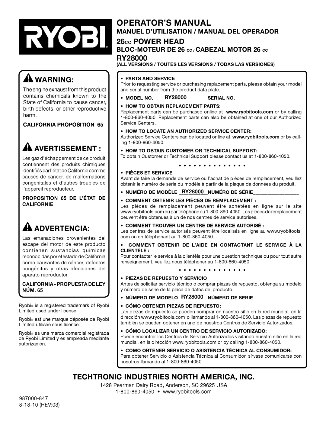 Ryobi RY28000 manuel dutilisation Manuel D’UTILISATION / Manual DEL Operador, BLOC-MOTEUR DE 26 CC / Cabezal Motor 26 CC 