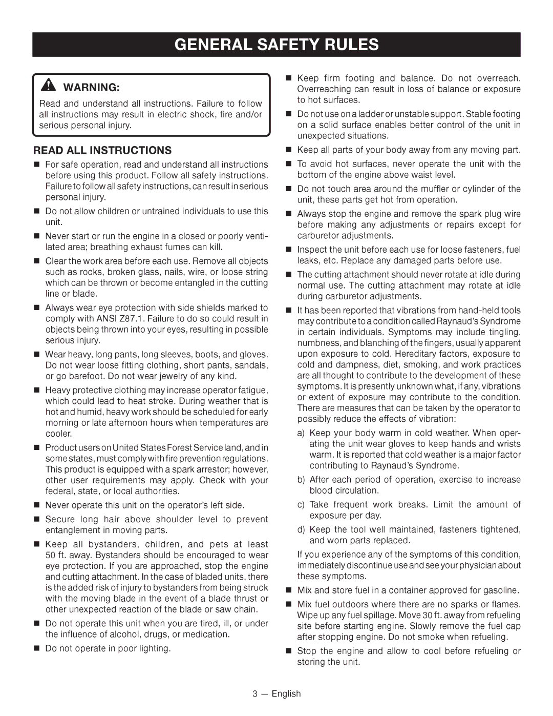 Ryobi RY28000 manuel dutilisation General Safety Rules, Read ALL Instructions 