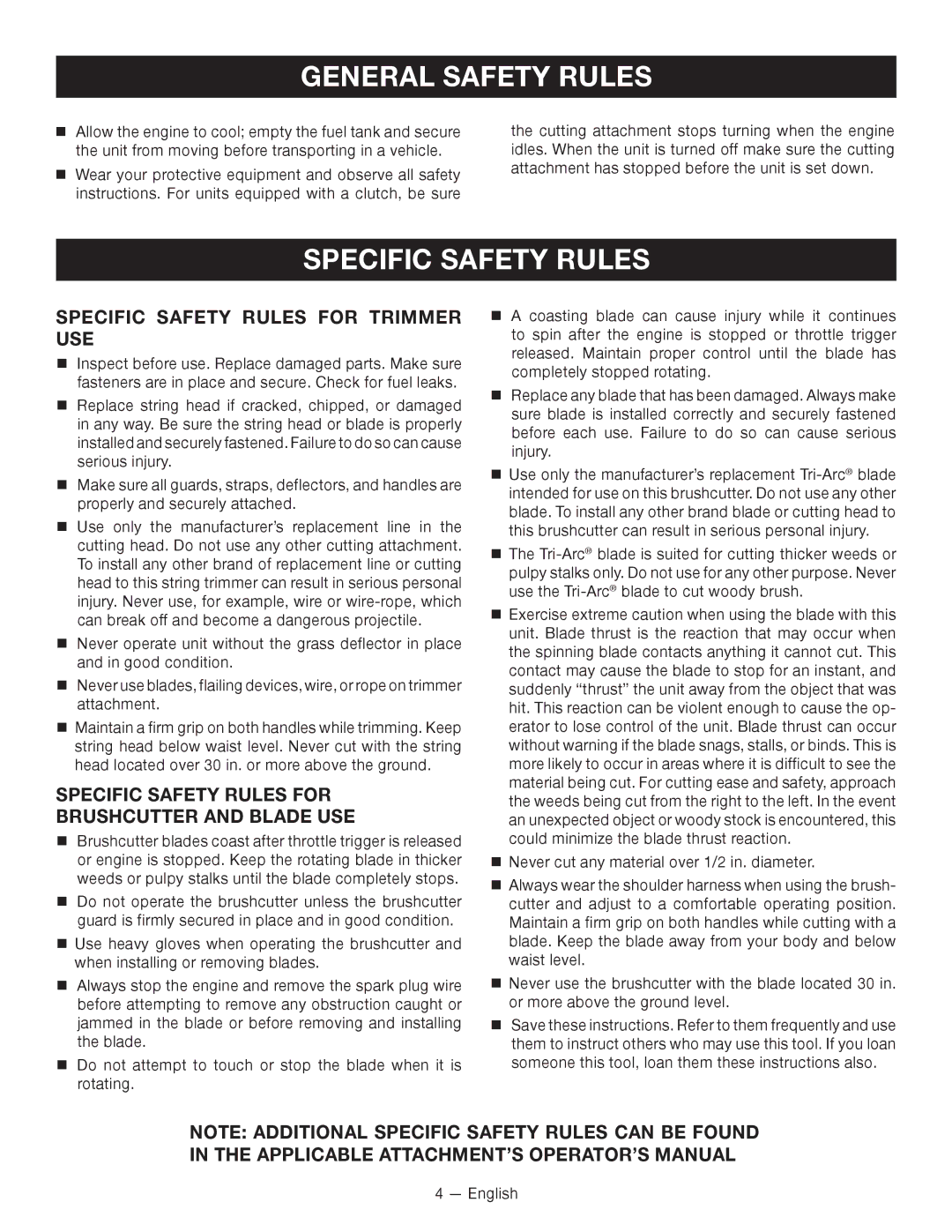 Ryobi RY28000 Specific Safety Rules for Trimmer USE, Specific Safety Rules for ­ Brushcutter and Blade USE 